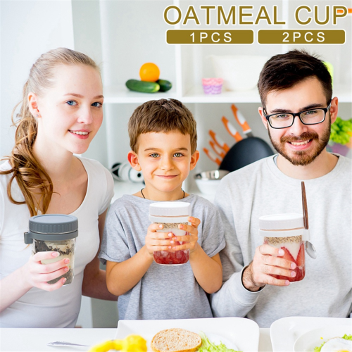 2pcs Breakfast Cup Airtight Oatmeal Jar with Cover and Spoon grey 1