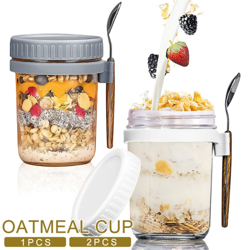2pcs Breakfast Cup Airtight Oatmeal Jar with Cover and Spoon grey 2