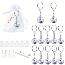 Conjunto de 12 chaveiros com bola de discoteca espelhada e saquinhos de organza transparente com cordão.