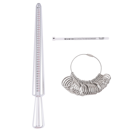 Conjunto de 3 ferramentas para medir o tamanho de anéis e joias.