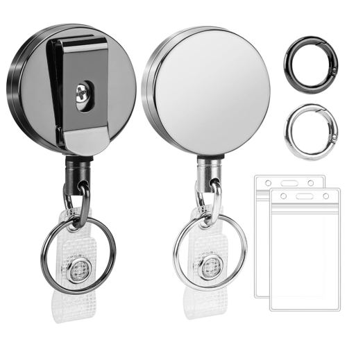 Conjunto de 2 Porta-Crachás Retráteis Metálicos, Preto e Prata