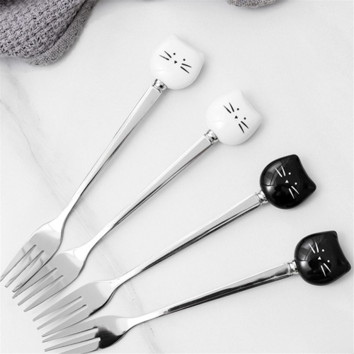 Cute Cats Coffee Spoon and Fork Set, Ceramic Cats Dessert Spoon Fork 2