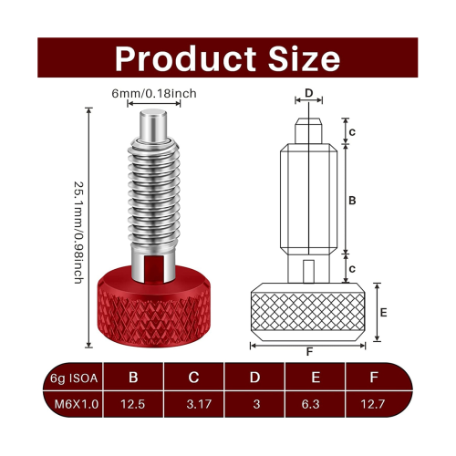 2 Packs Red Hand Retractable Spring Plunger with Knurled Handle M6 Type for Rolling Toolbox 1