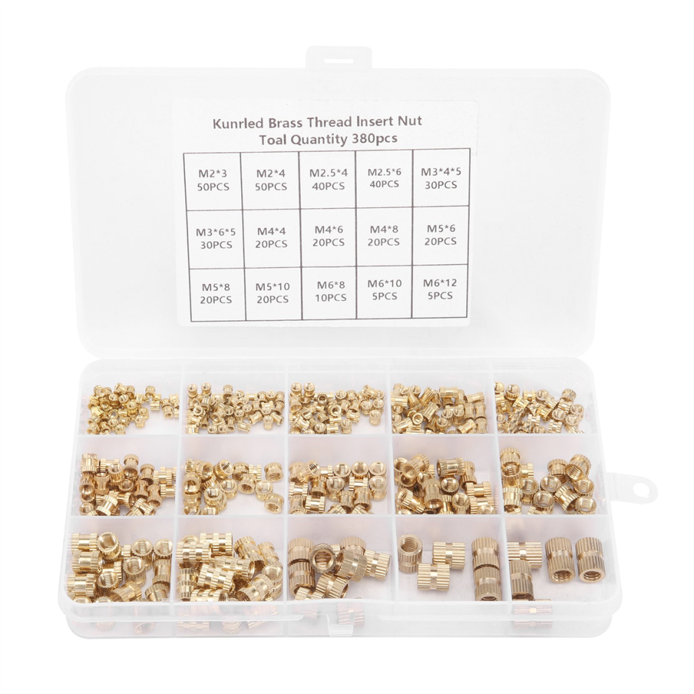 380Pcs Thread Inserts M2 M2.5 M3 M5 M6 Metric Female Thread Brass Knurled Threaded Embedment Nuts Assortment Kit 4852847372385