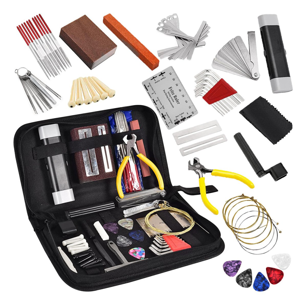 72Pcs Guitar Tool Kit Repair Maintenance Tools String Action Ruler Guitar Bridge Pins Strings Picks With Carry Bag 4852847389987