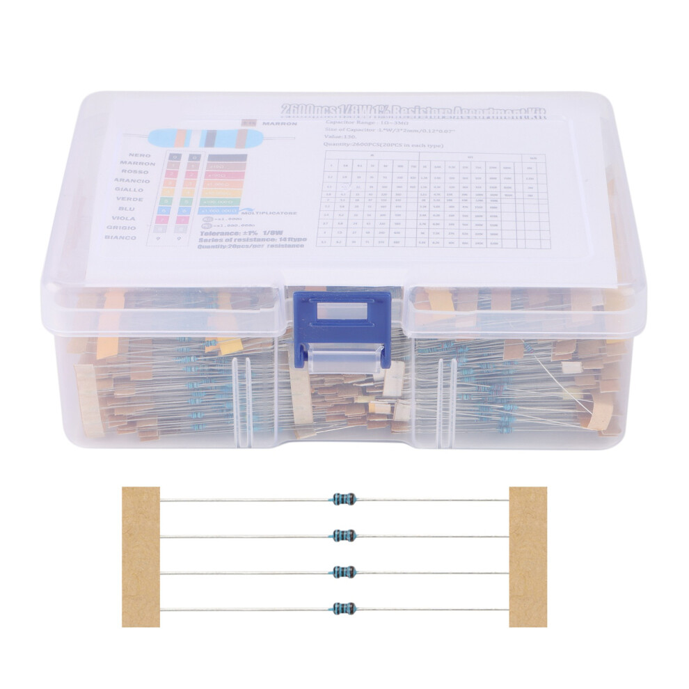 2600Pcs 130 Values 1/8W 0.125W 1% Metal Film Resistors Assorted Pack Set Resistors Assortment Kits Fixed Capacitors 4852847396527