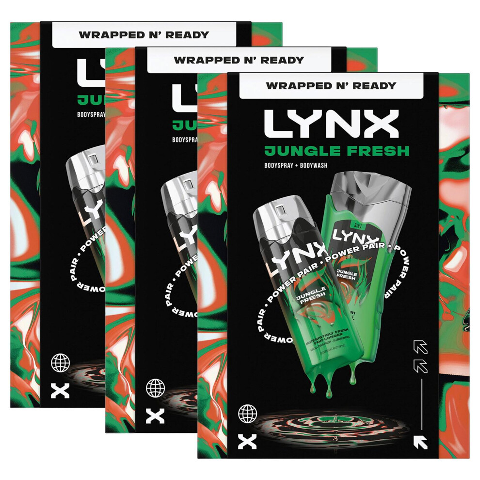 Lynx (Buy 3) Jungle Fresh Gift Set Bodywash & Body Spray Duo Energising Grooming Kit Size 3