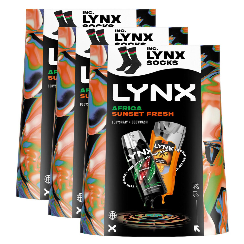 Lynx (Buy 3) Africa Spray & Sunset Wash Gift Set With Socks, 48H Fresh Scent Care Size 3