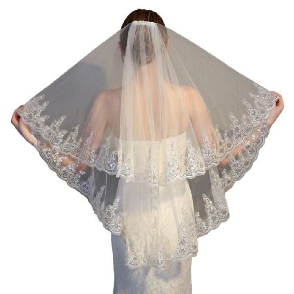 (beige) Women Double Layer Lace Bridal Veil With Anti-slip Comb Sequins Edge Tulle