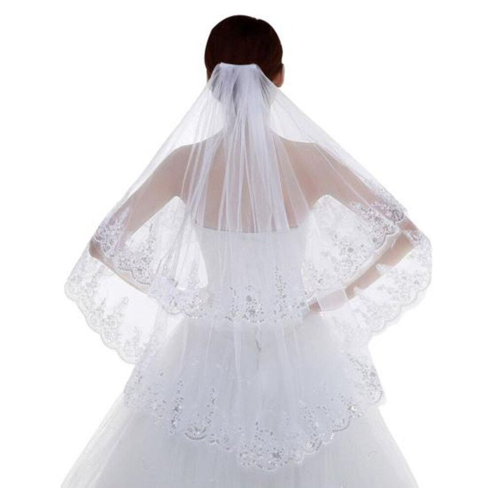 (white) Women Double Layer Lace Bridal Veil With Anti-slip Comb Sequins Edge Tulle
