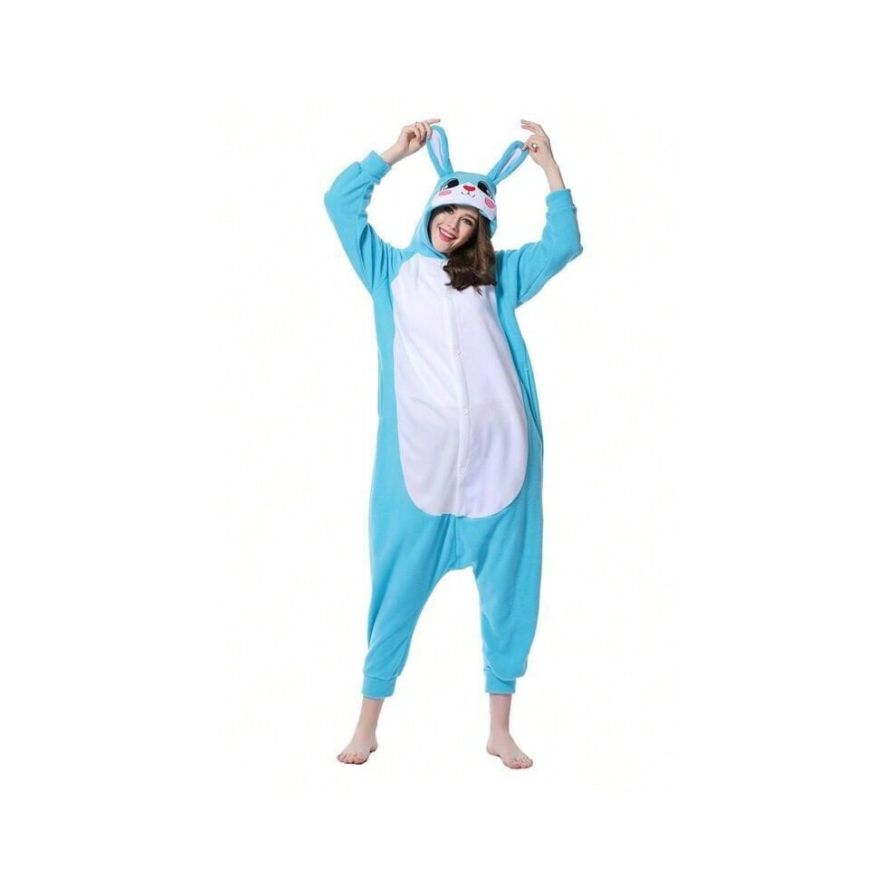 (Blue Bunny, M) Bunny cartoon one-piece pajamas for adults, thickened cute home clothes for men and women, polar fleece performance