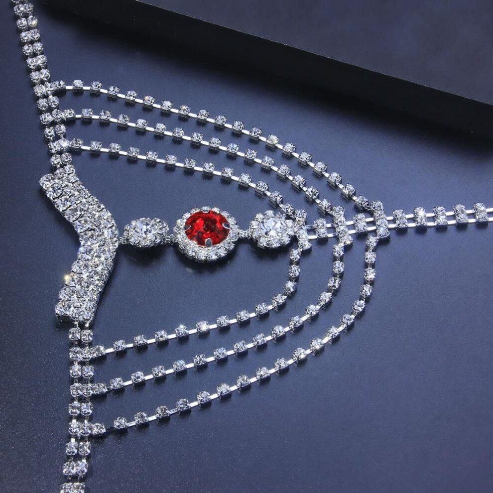 Red,Silver (Silver) Sexy Body Chain Lingerie Red Crystal Thong Panties Jewelry For Women Silver Color Rhinestone Belly Waist Chain Body Jewelry Gift