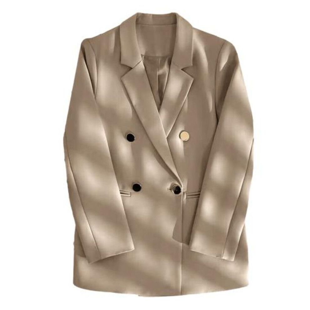(khaki, 2XL) Women Suit Coat Lapel Long Sleeve Double-breasted Casual Cardigan Jacket Versatile Solid