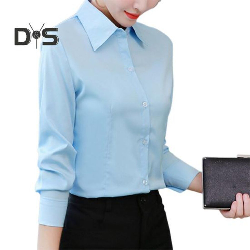 (L, blue) Women Shirt Lapel Long Sleeve Single Breasted Shirt Tops Solid Color Work Formal Shirt Versatile Tops