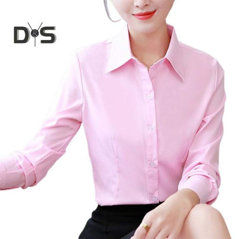 (M, pink) Women Shirt Lapel Long Sleeve Single Breasted Shirt Tops Solid Color Work Formal Shirt Versatile Tops