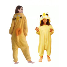 (Meowth, Children's size 95#) Pokemon Meowth Cartoon One-Piece Pajamas Couples Polar Fleece Home Clothes Autumn