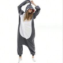 (Gray shark, L) Pokemon Meowth Cartoon One-Piece Pajamas Couples Polar Fleece Home Clothes Autumn