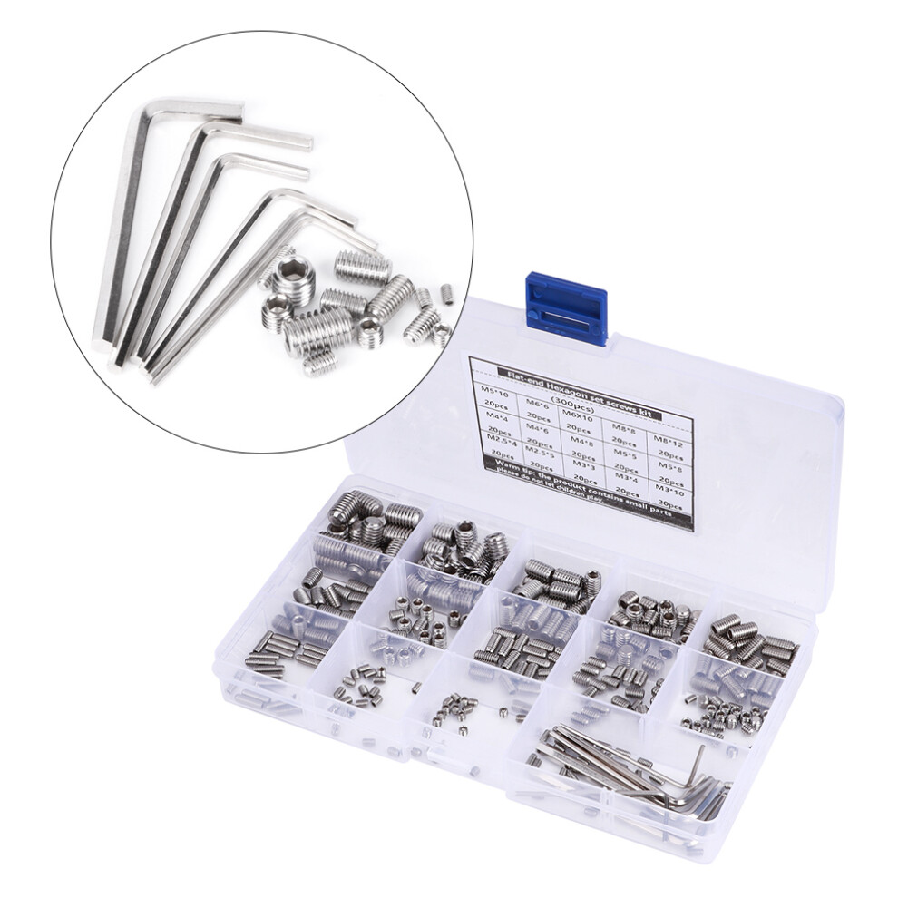 300Pcs Stainless Steel Hex Grub Screw Kit With 6 Wrenches, Assorted Sizes 4651329859389