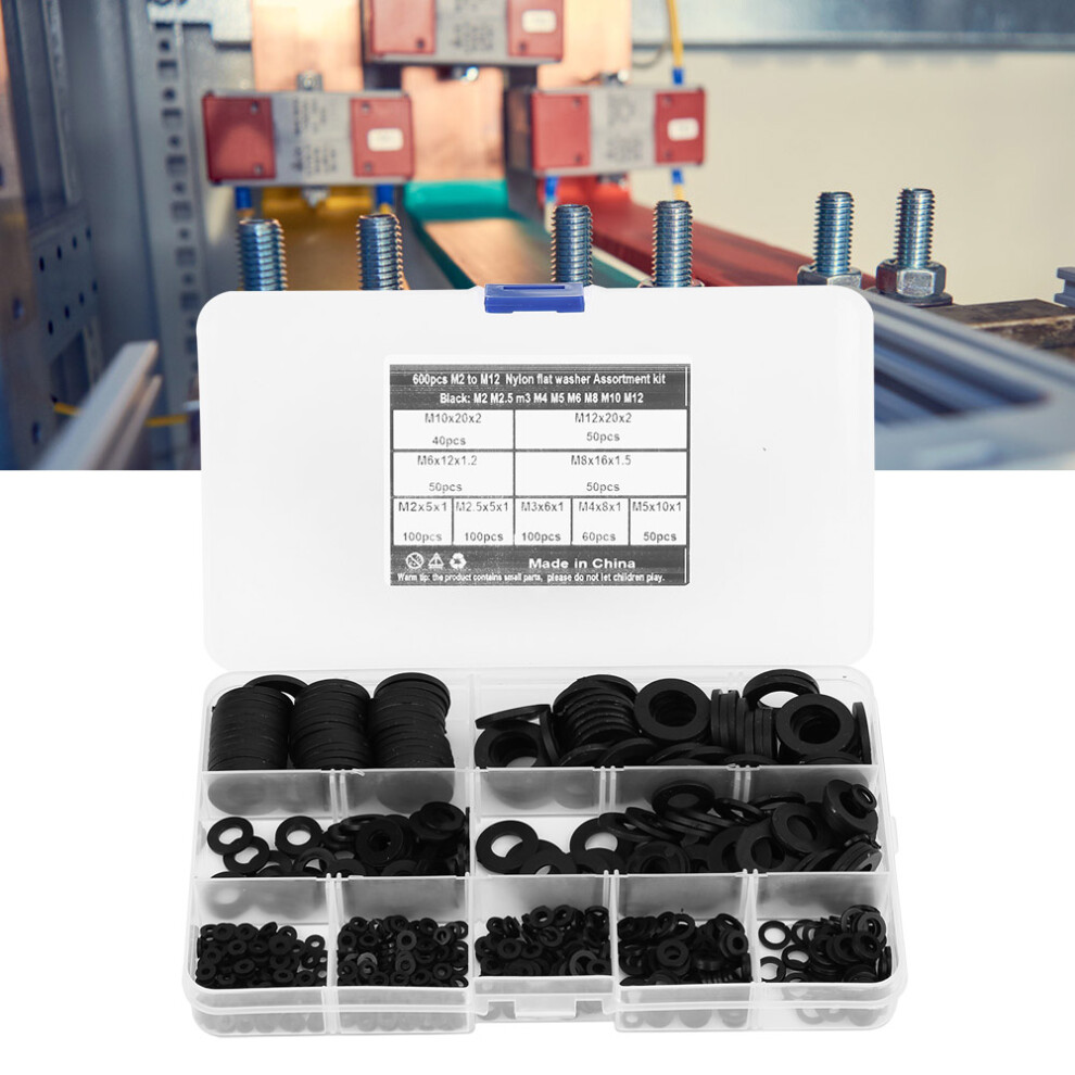 600Pcs Black Nylon Washer Kit M2-M12 9 Sizes Durable Hardware Set 9451329859953