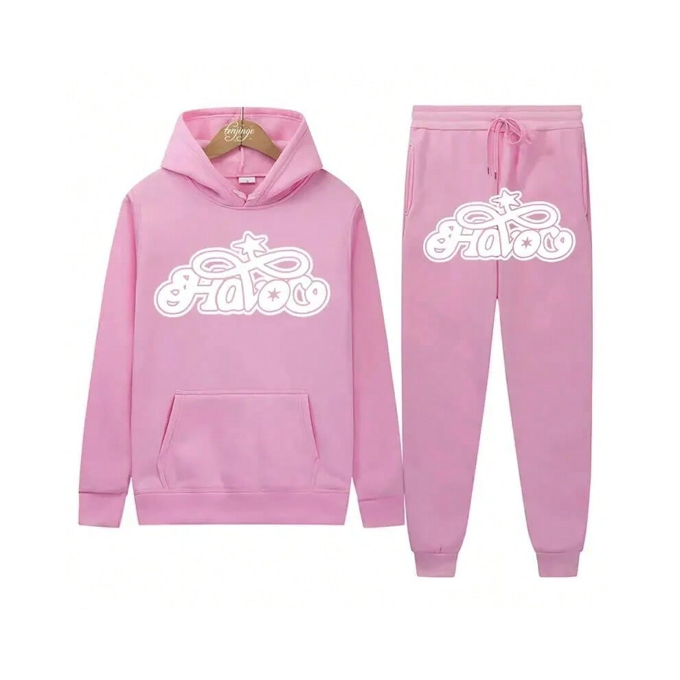 (Pink, XXXL) Big Discount Y2K Harajuku Hip-hop 2 Piece Set Hooded Tops Casual Sweat Pants Suit Men Women Fashion Printed High Street Clothing