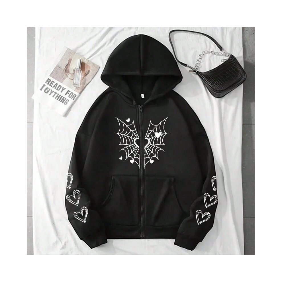 (7, M) 2025 Hot Sale Women's Hoodie Cute Spider Web Heart Print Zip-up Sweatshirt Fall Winter Female Urban Casual Fashion Hooded Jacket