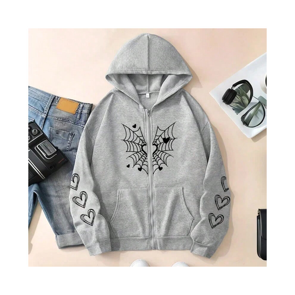 (3, L) 2025 Hot Sale Women's Hoodie Cute Spider Web Heart Print Zip-up Sweatshirt Fall Winter Female Urban Casual Fashion Hooded Jacket