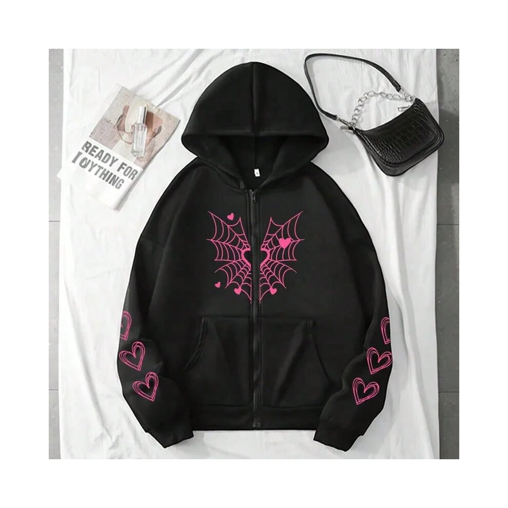 (2, L) 2025 Hot Sale Women's Hoodie Cute Spider Web Heart Print Zip-up Sweatshirt Fall Winter Female Urban Casual Fashion Hooded Jacket