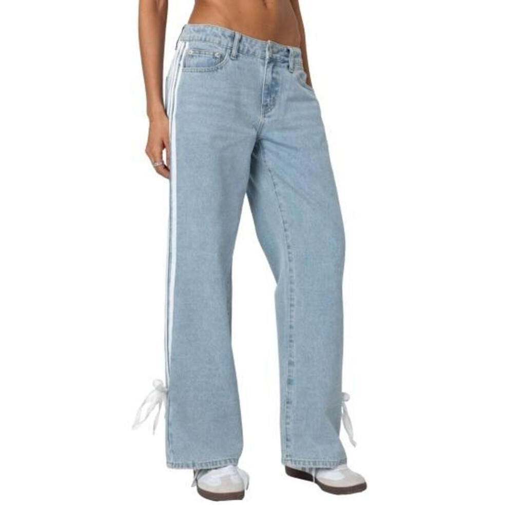 (light blue, S) Women's Side Striped Bow Tie Jeans Boyfriend Low Rise Baggy