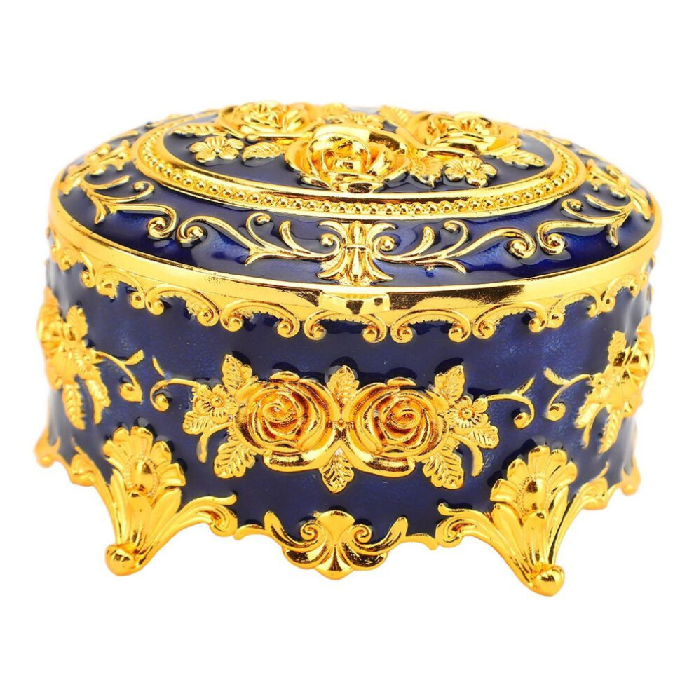 (blue) Vintage Round Jewelry Trinket Box Gold Small Earrings Necklace Storage Box Vintage Round Jewelry