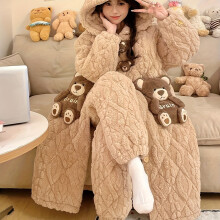 (Khaki, 8) Coralsuit Three-Layer Fleece-Lined Women'S Sleepwear Set for Autumn And Winter, Featuring a Thickened Cartoon Flannel Long Set with Hooded Long