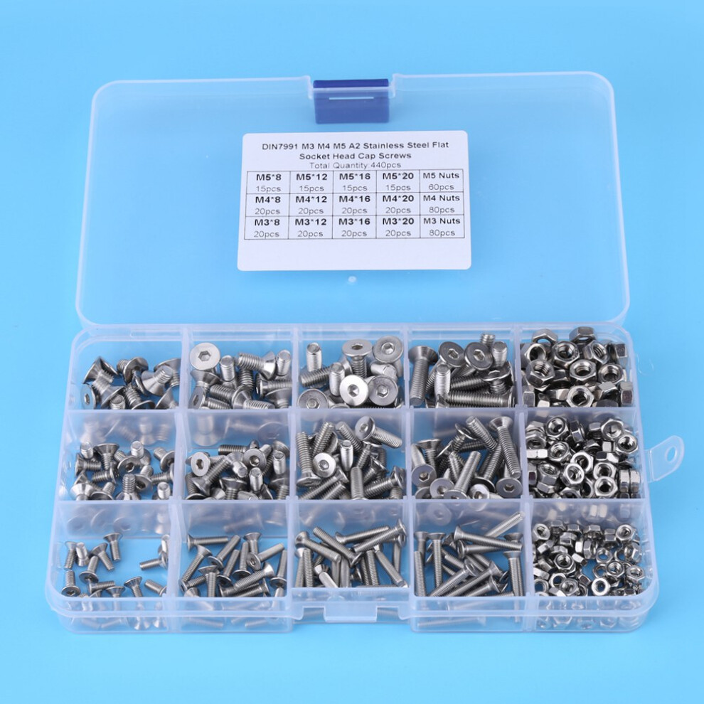 440Pcs M3 M4 M5 Stainless Steel Hex Socket Flat Head Bolt Nut Set 5021330025933