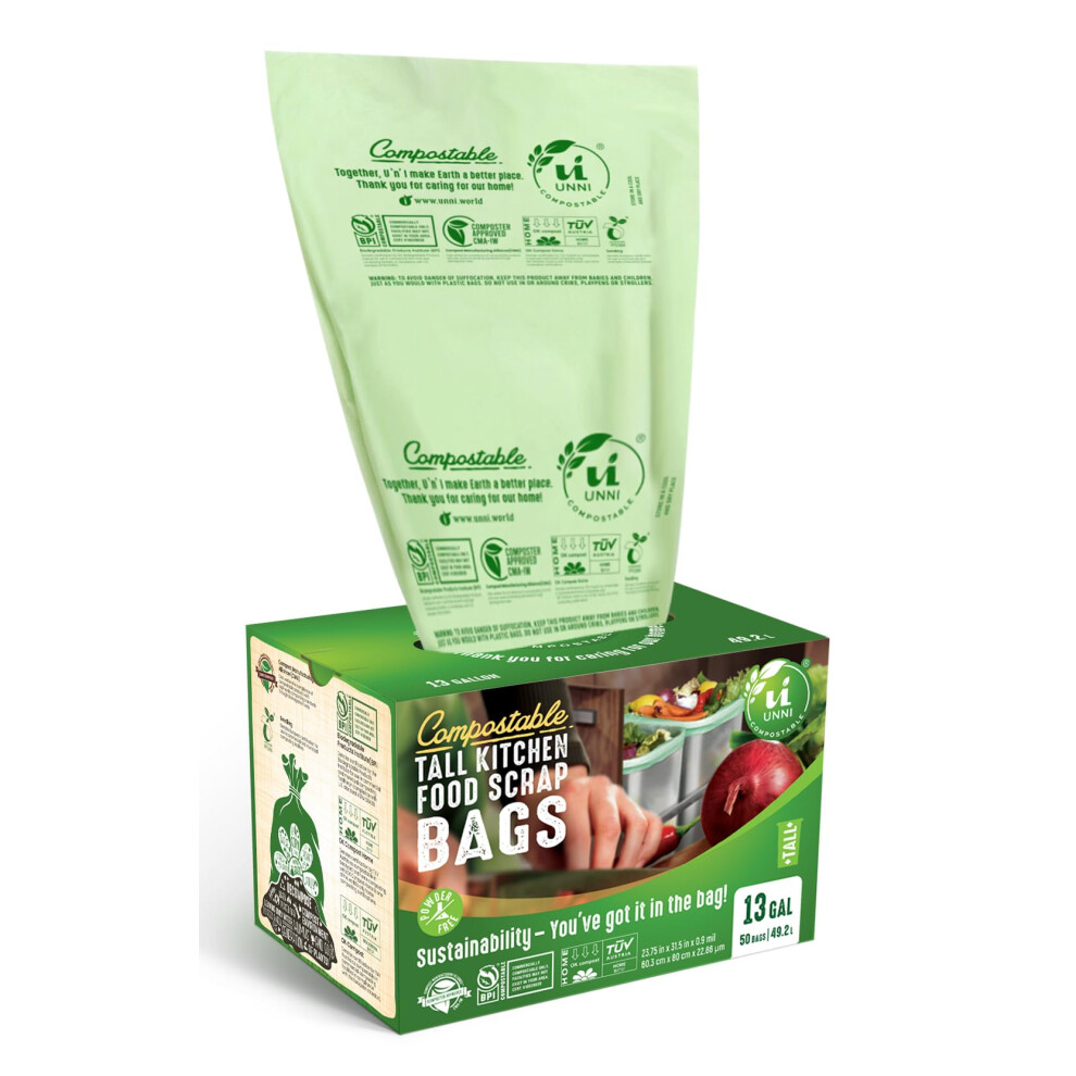 UNNI ASTM D6400 100% Compostable Bags, 13 Gallon, 49.2L, Heavy Duty 0.85 Mils, Food Scrap Yard Waste Bags, US BPI and European OK Compost Home