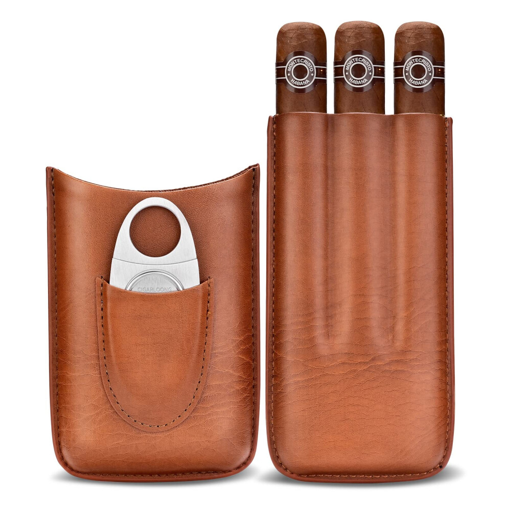 Cigarloong Cigar Case Leather Cigar Travel Case Humidor, Hold 3 Tube With Stainless Steel Cigar Cutter