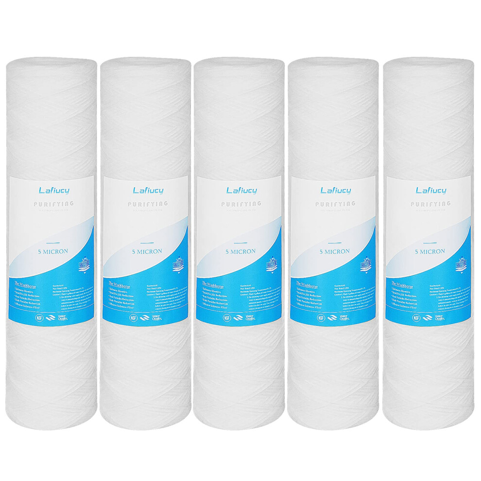 Lafiucy 5 Micron 10" x 2.5" String Wound Sediment Water Filter Cartridge,5 Pack,Whole House Sediment Filtration, Universal Replacement for Most 10