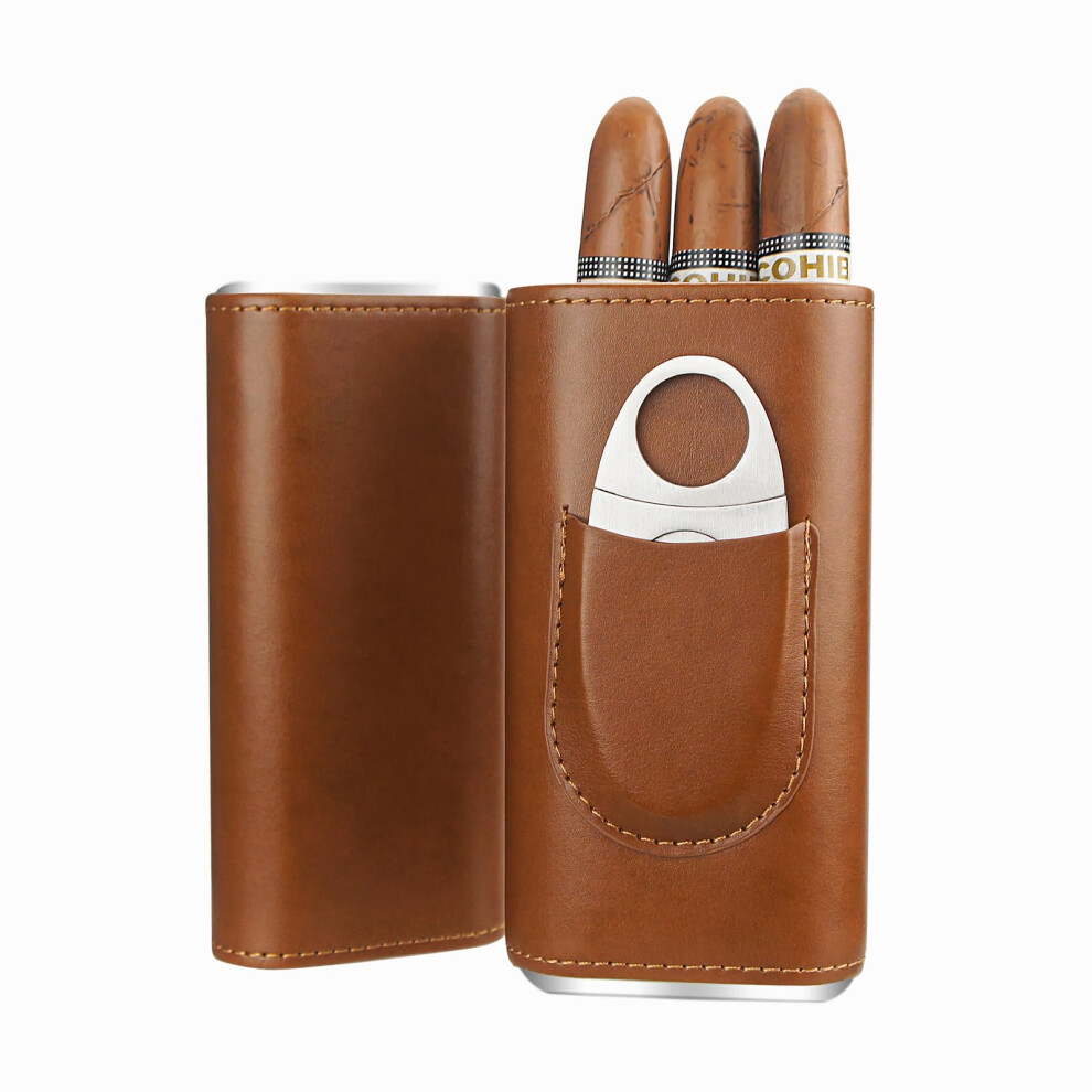 Cgaplus Brown 3-Finger Leather Cigar Case With Cutter Cedar Wood Lined Cigar Humidor Portable Travel Cigar Case
