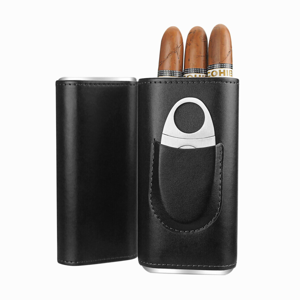 Cgaplus Brown 3-Finger Leather Cigar Case With Cutter Cedar Wood Lined Portable Travel Humidor