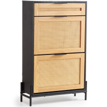 VEVOR Rattan Shoe Cabinet, Narrow Shoe Storage Organizer with 2 Flip Rattan Drawers & 1 Slide Drawer, Metal Legs, Slim Shoe Entryway Cabinet Ideal for