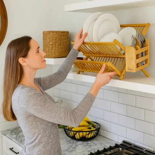 Bamboo Dish Drainer Kitchen Plates Rack Cutlery Utensil Drying Rack 2