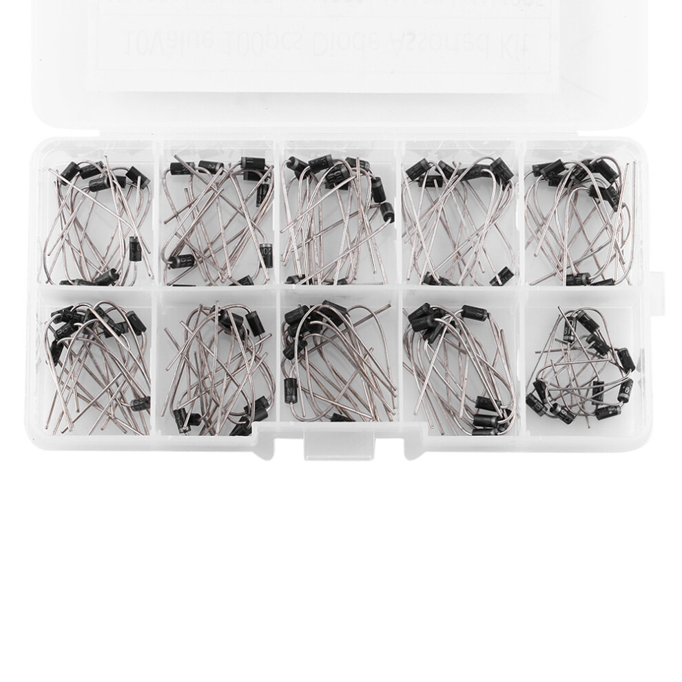 10 Values Diode Assortment 100Pcs 1N4001-1N5819 In Organizer Box 6901330035912