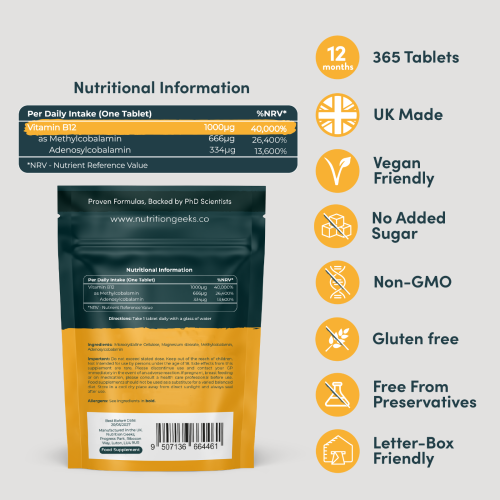 "Vitamin B12 High Strength 1000mcg 365 Tablets Dual Power Supplement" 1