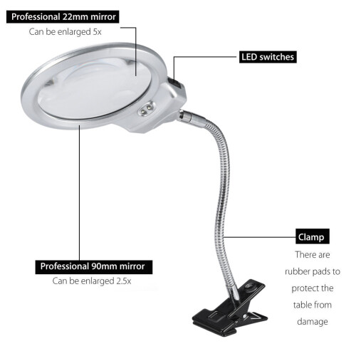 Large 2.25x/5x Lighted Tabletop Magnifier with Clamp, 46cm Length