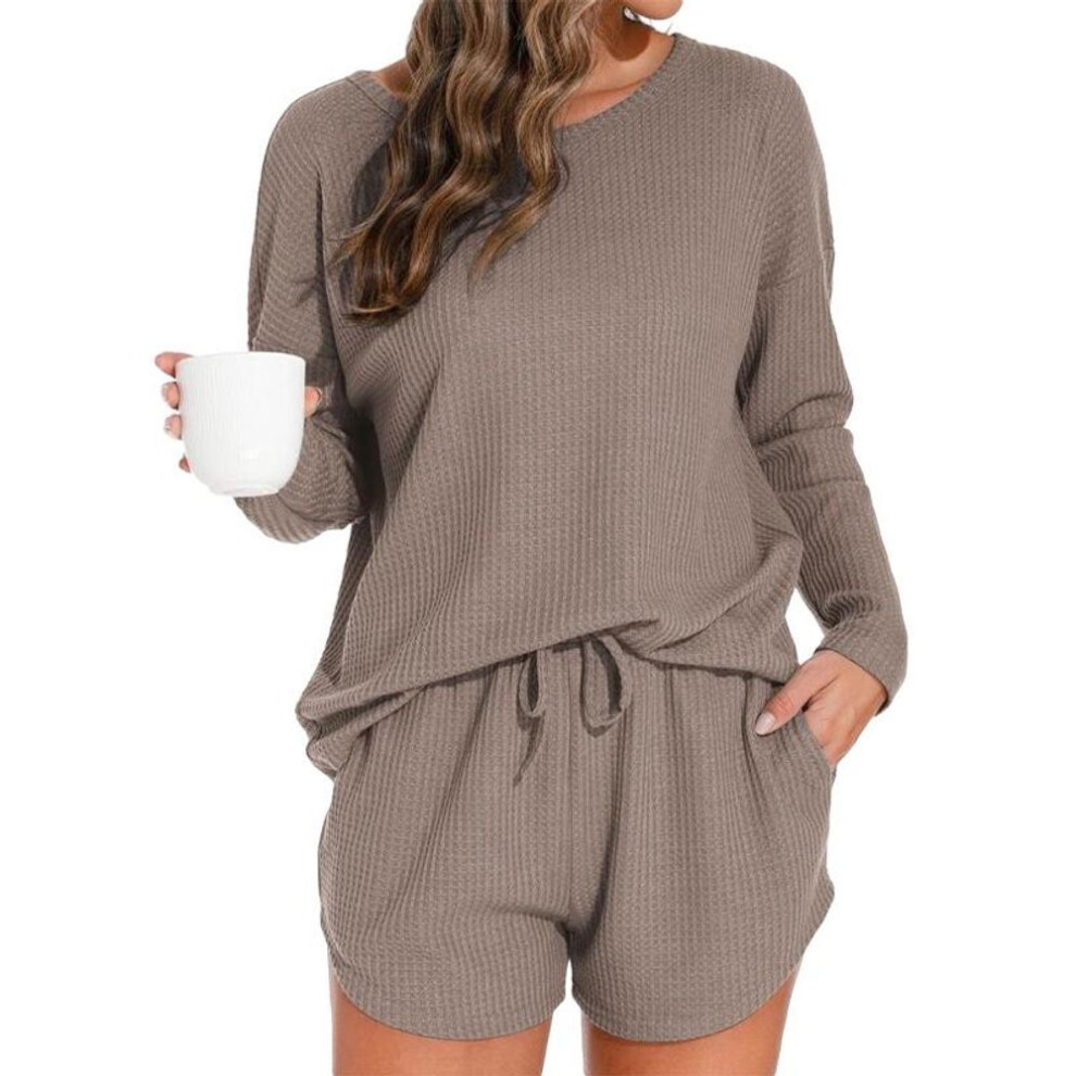 (Medium, light coffee) Waffle Knit Women's Long Sleeve Pajama Set With Shorts, Casual And Versatile For Outerwear