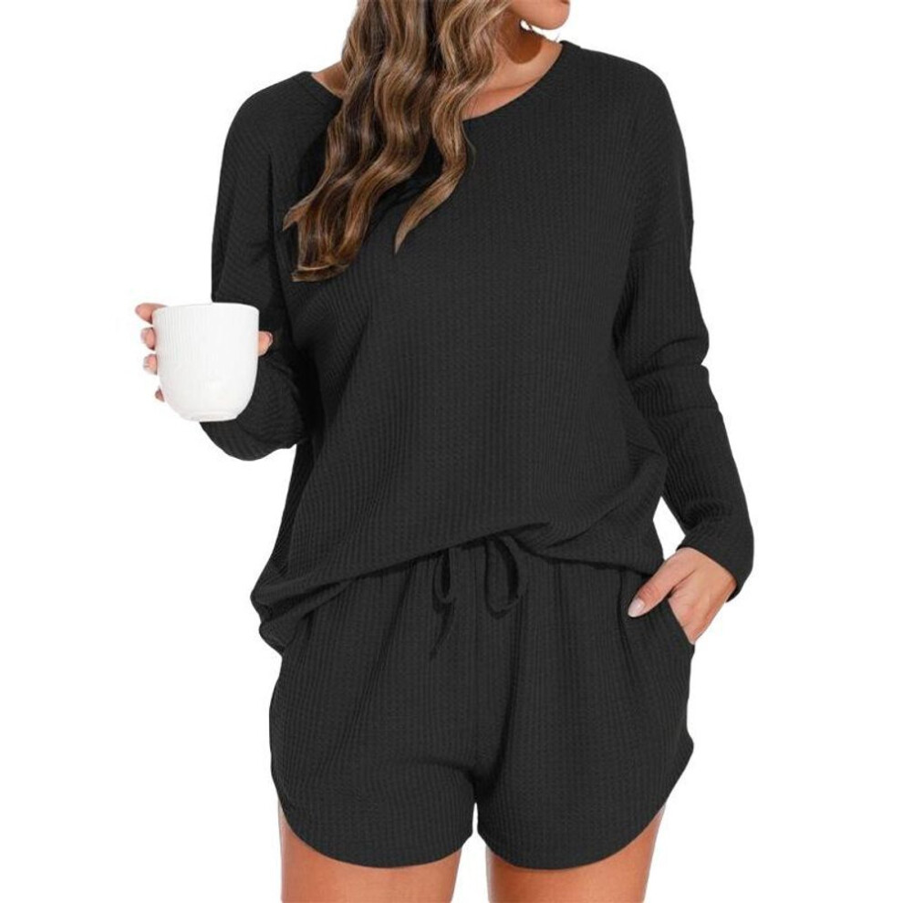 (Extra Large, midnight,black) Waffle Knit Women's Long Sleeve Pajama Set With Shorts, Casual And Versatile For Outerwear