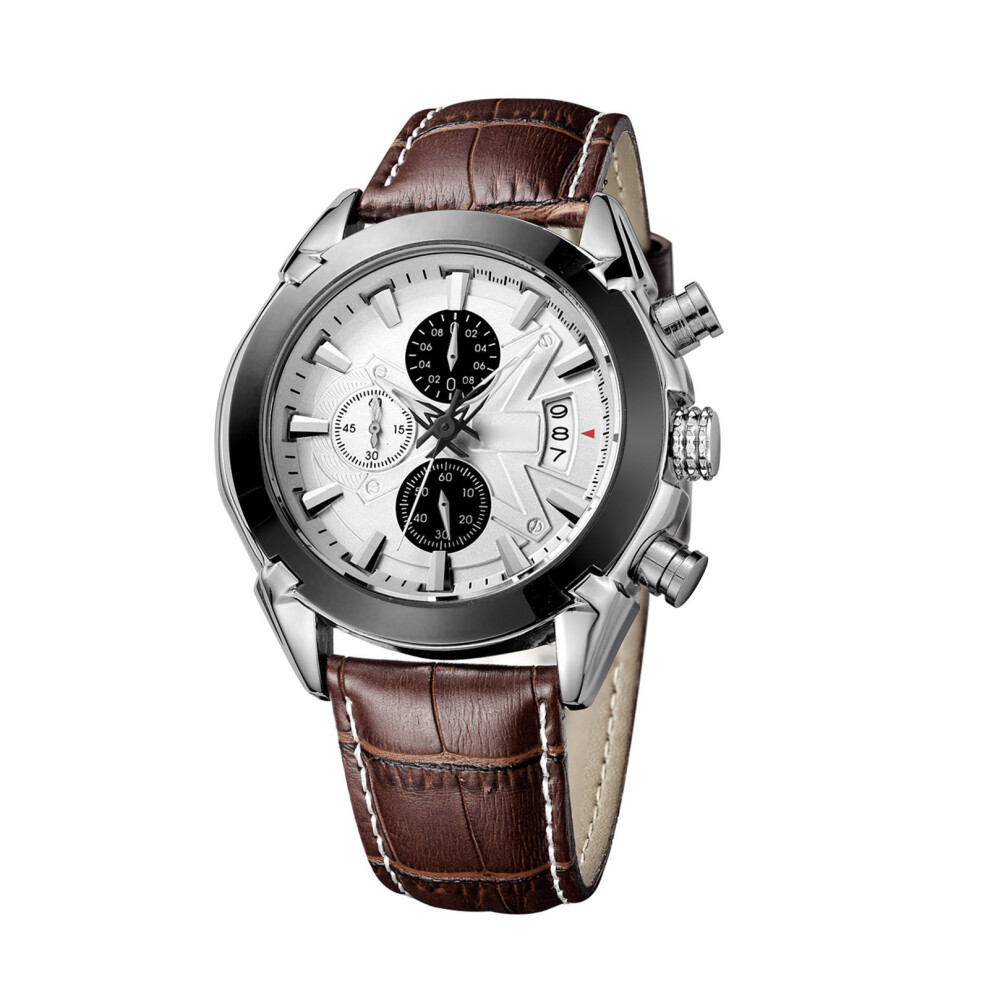 Men's Quartz Wristwatch With Leather Band, 3 Small Dials, Black/Brown
