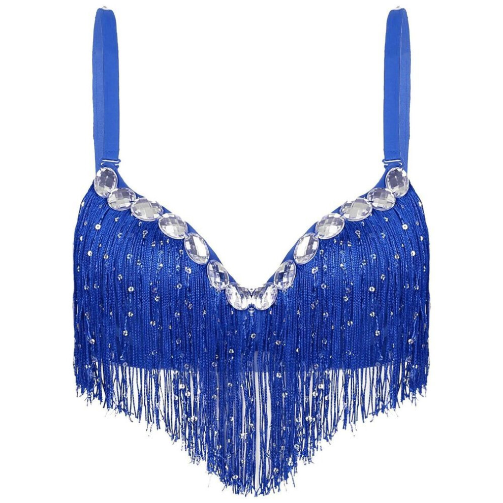(blue, One Size) Womens Adult Belly Dancewear Clubwear Push-up Bra Latin Sequin Tassel Rhinestone Bra Tops Hot Party Club Performance Costume