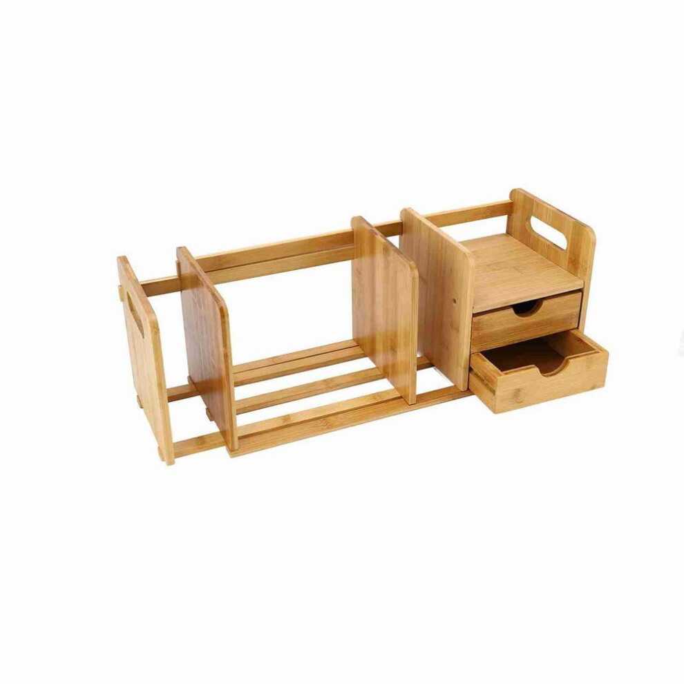 Bamboo Wood Extendable Desk Tabletop Book Rack Bookshelves Bookcase Organizer With 2 Drawer