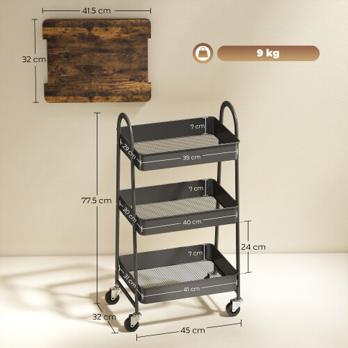Homcom (Black) HOMCOM Rolling Utility Cart with Mesh Baskets for Kitchen 2