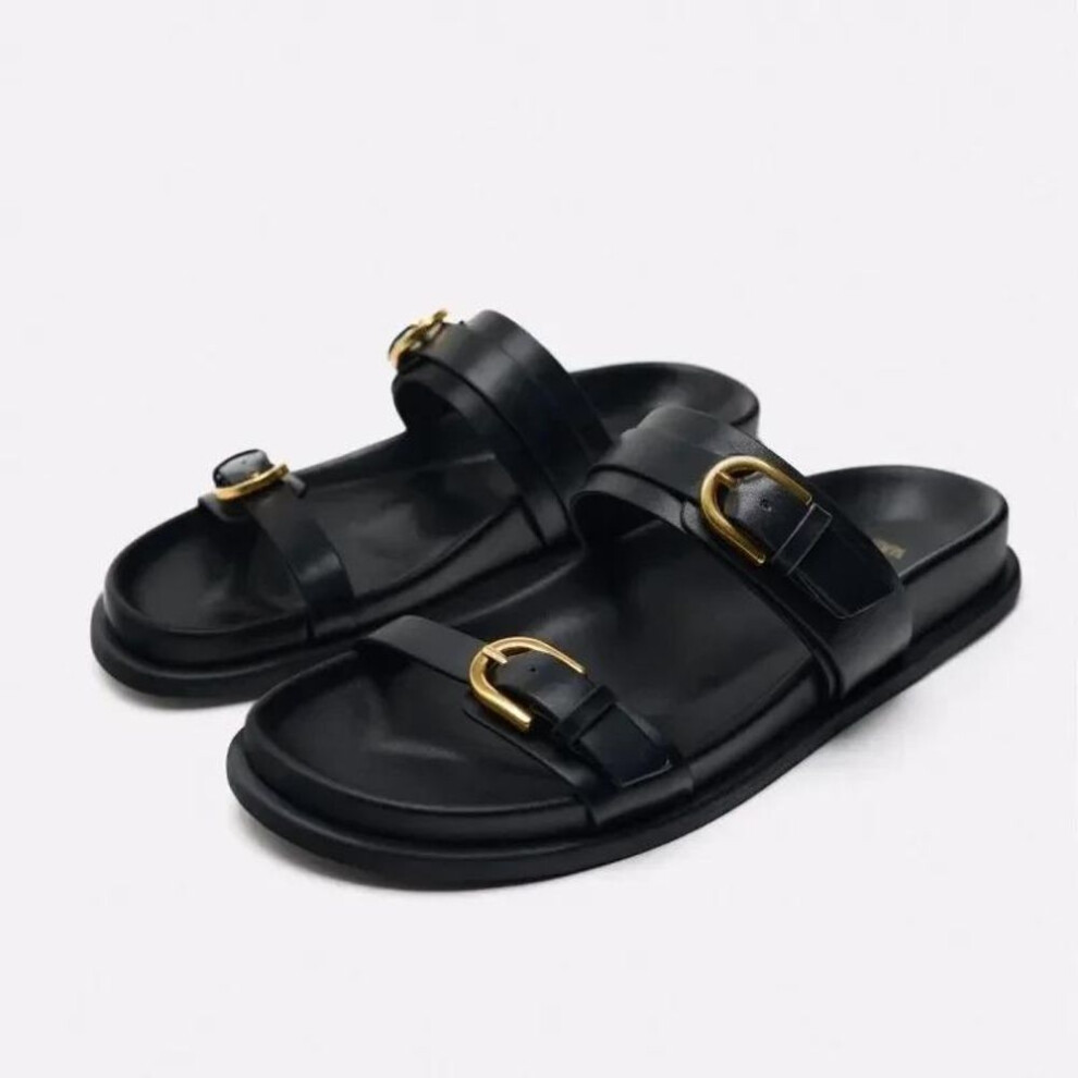 (black, 37) 2024 Women's Sandals Metal Buckle Flat Sandals Woman Black Flat Slingback Shoes Female Summer Straps Round Toe Shoes