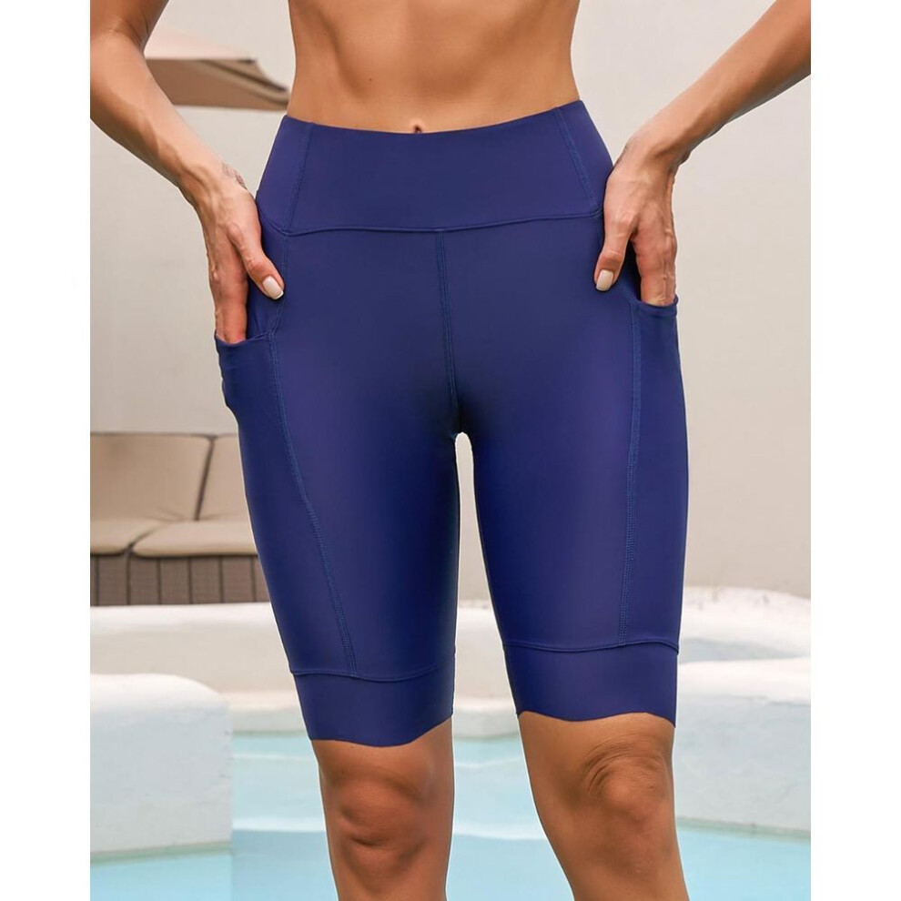 (navy, L) Charmleaks Women's  Solid Swim Short Wave Edge Swimming Bottom With Pockets