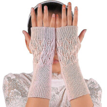 （Rosa claro) Luvas femininas longas bordadas à mão, de malha quente, compatíveis com luvas sem dedos de inverno